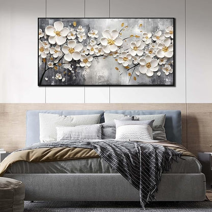 Flowers Canvas Wall Art for Bedroom - White Art Paintings for Wall Living Room - Framed Wall Art for Office Large Size 29" x 59"