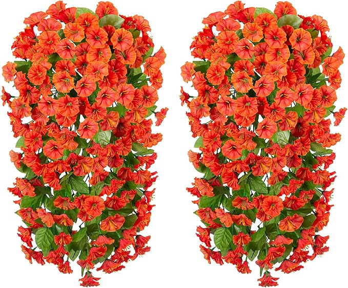Artificial Fake Fall Hanging Flowers Plants for Outdoor Outside, 2 PCS Faux Silk Orange Morning Glory Trailing Vines Look Real UV Resistant for Autumn Porch Planter Patio Decor