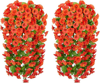 Artificial Fake Fall Hanging Flowers Plants for Outdoor Outside, 2 PCS Faux Silk Orange Morning Glory Trailing Vines Look Real UV Resistant for Autumn Porch Planter Patio Decor