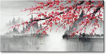 Traditional Chinese Painting Hand Painted Plum Blossom Canvas Wall Art Modern Black and White Landscape Oil Painting for Living Room Bedroom Office Decoration (48x24 inch)