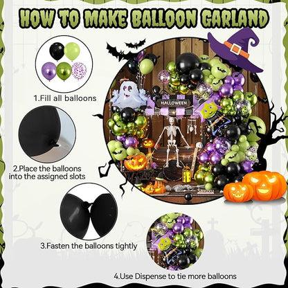 Halloween Balloon Arch Garland Kit, Black Green Purple Metallic Confetti Ghost Witch Foil Balloons with 3D Bat Stickers for Halloween Baby Shower Party Decorations Cosplay Theme Party