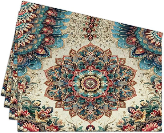 Cotton Linen Waterproof Placemats Set of 4, Boho Ethnic Style Dining Mat Table Mats Decor Fabric for Kitchen Dinner Coffee Shop Table, Indoor/Outdoor Washable Wipeable Placemat -N019