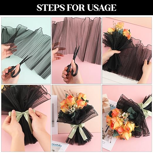 Black Flower Wrapping Mesh Paper 4 Yards Flower Wrapping Paper Wrinkled Wavy Net Yarn Flower Wrapping Mesh Paper Bouquet Floral Packaging Mesh Paper for Valentine's Day Mother's Day