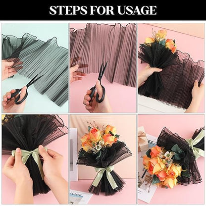 Black Flower Wrapping Mesh Paper 4 Yards Flower Wrapping Paper Wrinkled Wavy Net Yarn Flower Wrapping Mesh Paper Bouquet Floral Packaging Mesh Paper for Valentine's Day Mother's Day