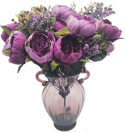 1pcs Artificial Peony Bouquet,19 Inch Silk Peony Bunch with 7 Faux Flowers,Classical Style Artificial Flowers with Leaves and Ornaments for Wedding,Home Décor Centerpieces(Purple)