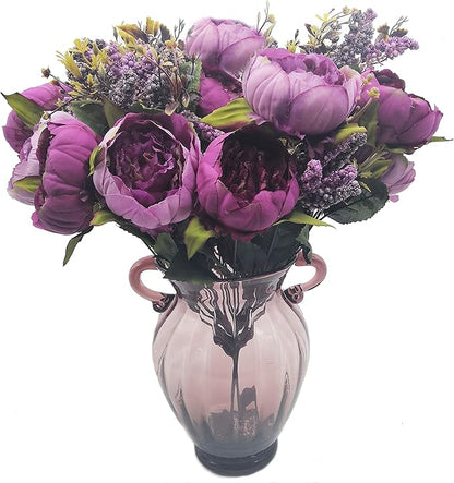2pcs Artificial Peony Bouquets,19 Inch Silk Peony Bunch with 7 Faux Flowers,Classical Style Artificial Flowers with Leaves and Ornaments for Wedding,Home Décor Centerpieces(Purple)