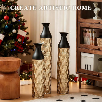 Floor Oversized Gold Metal Decorative Vase with 3D Triangle Pattern Set of 3 Large Vases for Home Living Room 33.5 ", 29.5 ", 25.2" High (Black+Gold)