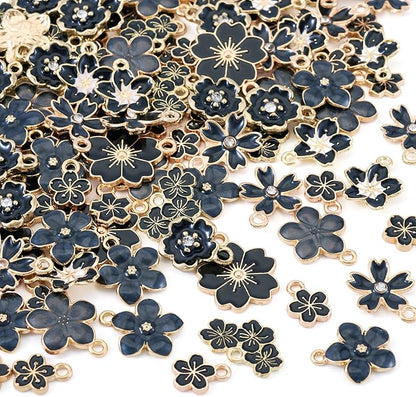 KISSITTY 100Pcs Light Gold Alloy Enamel Charms Cherry Blossom Flower Charm Bulk Gold Plated Pendant Cute Small Floral Dangle Charms for DIY Jewelry Making Kit Bracelet Necklace Keychain Crafts
