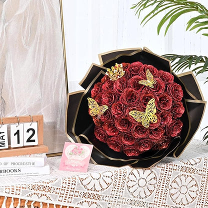 Waipfaru 24 Pcs Glitter Roses Bouquet, DIY Fake Flowers Bouquet, Artificial Red Rose Bouquet for Valentines, Anniversary, Engagement, Wedding