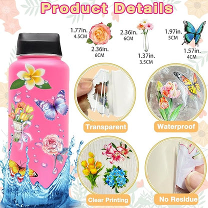 200Pcs Transparent Flower Butterfly Stickers, Aesthetic Nature Floral Decals for Girls Kids Teens Adults, Waterproof Sticker for Water Bottle Scrapbooking Laptop DIY Card Letters Party Supplies