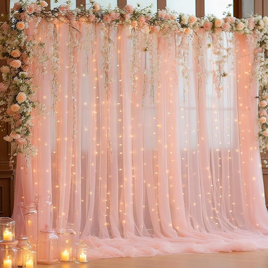 10x8ft Peach Tulle Backdrop Curtain with Lights String for Parites, Sheer Backdrop Curtains for Wedding Baby Shower Birthday Party Photo Shoot Decorations