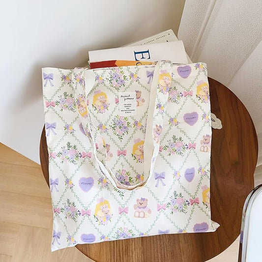 Cotton Canvas Tote Bag Reusable Soft Grocery Cloth Bag Floral Shoulder Bag for Beach Travel Shopping