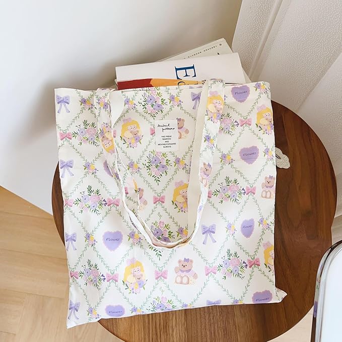 Cotton Canvas Tote Bag Reusable Soft Grocery Cloth Bag Floral Shoulder Bag for Beach Travel Shopping