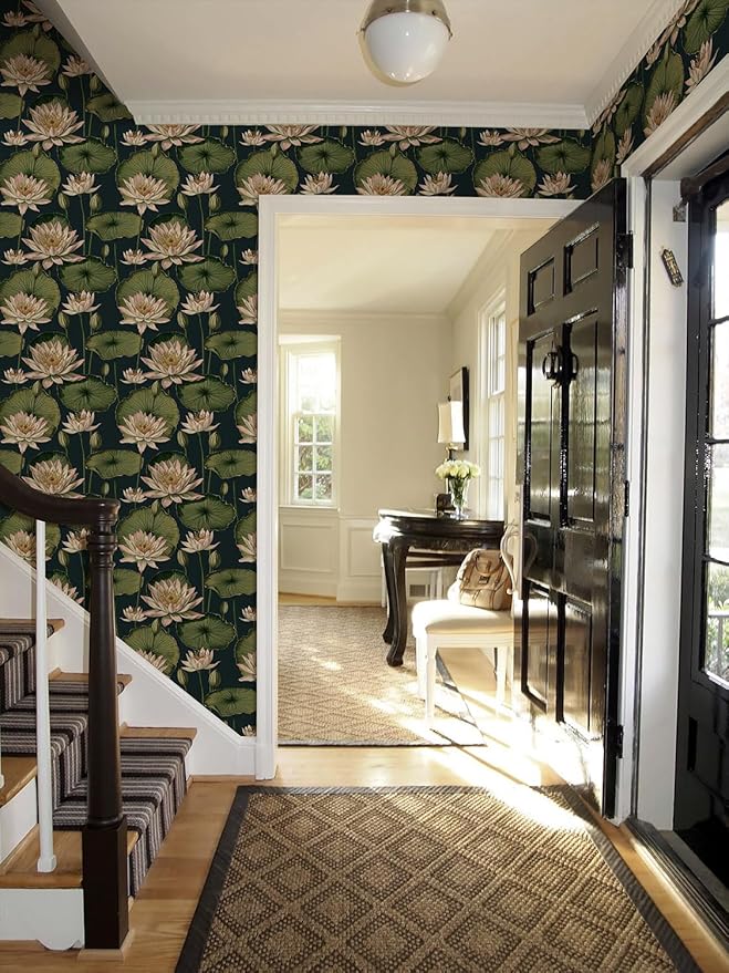 Orainege Vintage Floral Peel and Stick Wallpaper Floral Contact Paper 16.9"x196.8" Lotus Leaf Wallpaper Peel and Stick Self Adhesive Wall Paper for Bedroom Bathroom Covering Wall Decorative