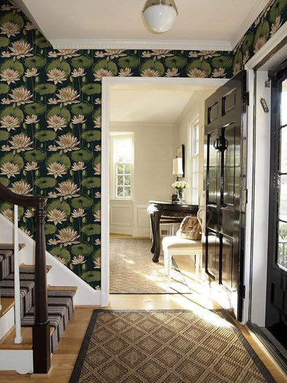 Orainege Vintage Floral Peel and Stick Wallpaper Floral Contact Paper 16.9"x393.7" Lotus Leaf Wallpaper Peel and Stick Self Adhesive Wall Paper for Bedroom Bathroom Covering Wall Decorative