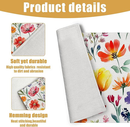 Red Flower Placemats Set of 6, Spring Summer Floral Linen Place Mat Washable Stain Resistant Table Mats for Farmhouse Kitchen Dining Party Wedding Decor 12x18 Inch