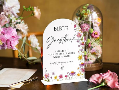Bible Guest Book Sign for Wedding Table Decor, Wild Flower Arch Acrylic Wedding Signs for Reception, Love Is In Bloom Bridal Shower Floral Engagement Party Decorations, 6x8 Inch