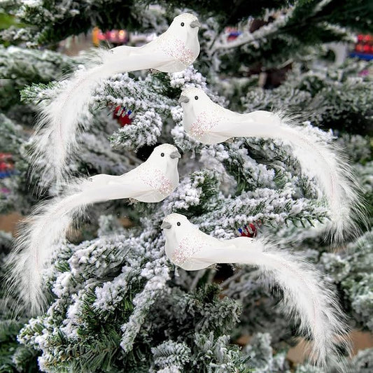 Cosweet 12 Pcs Artificial Christmas Dove Birds with Clip, White Feather Xmas Tree Ornament Wreath Flower Arrangement Supplies for Party Wedding Decor DIY Craft Gifts