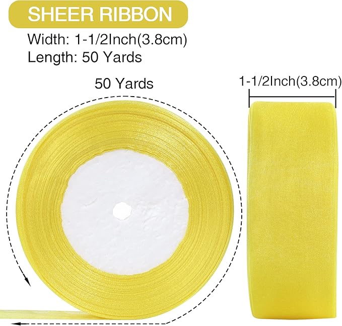 1-1/2 Inch x 50 Yards Sheer Organza Ribbon Chiffon Ribbon for Gift Wedding Flower Bouquet Wrapping Decorations Crafts (Yellow)
