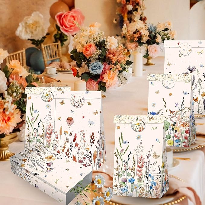 12 PCS Wildflower Party Favor Gift Bags Boho Floral Small Candy Goodie Bags Boxes with Stickers Wildflower Bridal Shower Birthday Wedding Party Supplies