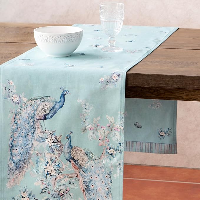 Maison d' Hermine Tablerunners 100% Combed Cotton Premium Table Runner Decorative Table Cover, Kitchen, Parties, Peacock Utopia - Pastel Turquoise, Double Layer - (14.5"x108")