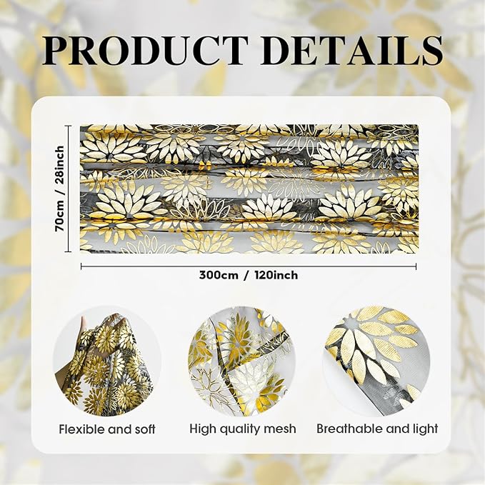 Artoid Mode Black Gold Dahlia Flower Gauze Table Runner 120 Inch 10FT, Glitter Metallic Foil Seasonal Sheer Dining Holiday Table Decor for Home Party