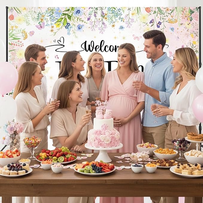 Wildflower Baby Shower Decorations Banner - Floral Welcome Baby Backdrop Party Supplies, Flower Theme Photo Background for Birthday Baby Shower Gender Reveal (72.8 x 35.4 inch)
