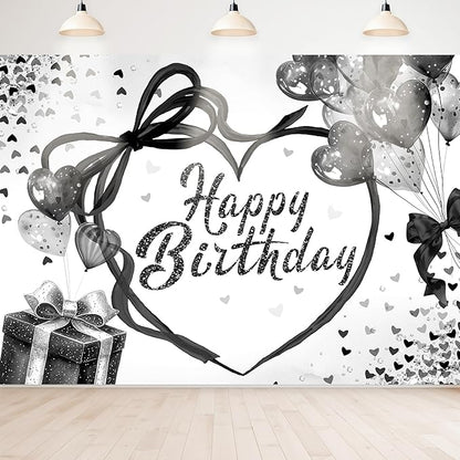 Coquette Happy Birthday Backdrop 7Wx5H Photography black Bow Heart Balloons Modern Preppy Diamonds Sweet Princess Background for Girls Teens Party Decorations Banner Photo Booth Props Supplies