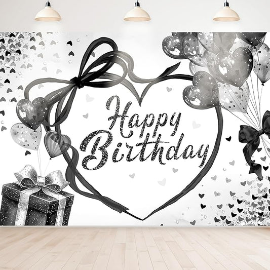 Coquette Happy Birthday Backdrop 7Wx5H Photography black Bow Heart Balloons Modern Preppy Diamonds Sweet Princess Background for Girls Teens Party Decorations Banner Photo Booth Props Supplies