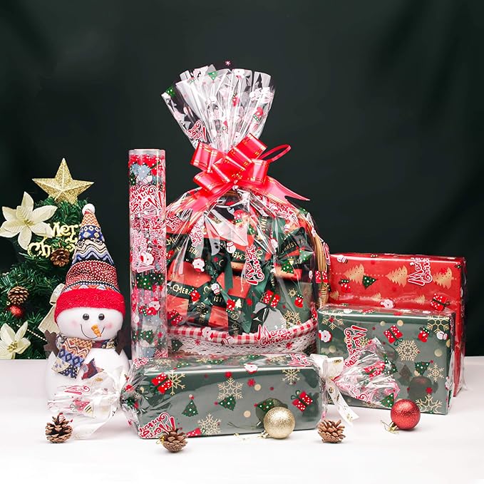 JOYIT 100 ft Christmas Cellophane Wrap Roll (35 in x 100 ft) - 3 Mil Thick Cellophane Roll, Christmas Cellophane Bags Large for Flower Gift Baskets Arts Crafts Wrapping (35" fold into 17.5")
