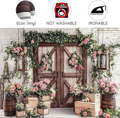 5x3ft Country Wedding Photography Backdrop Floral Rustic Roses Farmhouse Wooden Door Backdrop Pink Flower Birthday Baby Shower Wedding Bridal Party Banner Photo Booth Props Anniversary Background