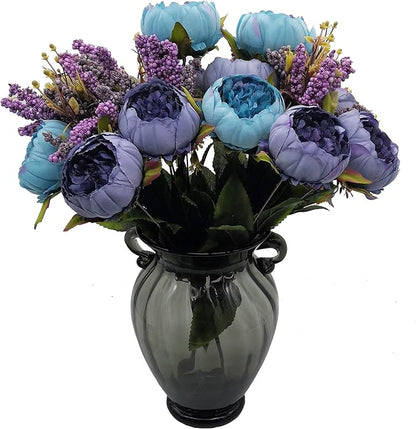 2pcs Artificial Peony Bouquets,19 Inch Silk Peony Bunch with 7 Faux Flowers,Classical Style Artificial Flowers with Leaves and Ornaments for Wedding,Home Décor Centerpieces(Blue)