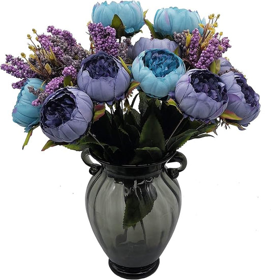 1pcs Artificial Peony Bouquet,19 Inch Silk Peony Bunch with 7 Faux Flowers,Classical Style Artificial Flowers with Leaves and Ornaments for Wedding,Home Décor Centerpieces(Blue)