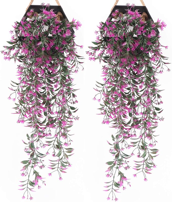 Artificial Hanging Plant for Outdoor Decor, Fake Vine Plants Faux Plastic Ivy Leaves Foliage UV Resistant Greenery Flowers Home Garden Indoor Door Wall Wedding Party Decoration - Fuchsia 4 Pack
