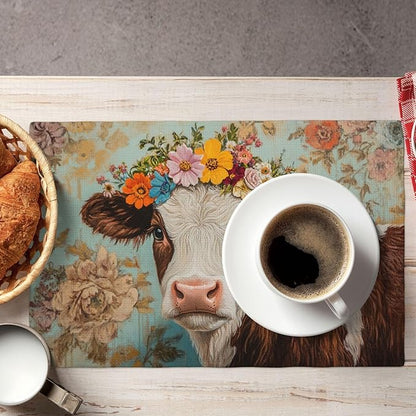 Farmhouse Cow Placemats Set of 6 Washable Table Mats Spring Cow Floral Heat-Resistant Cotton Linen Place Mats for Dining Table Kitchen Indoor Outdoor Party Holiday Decor