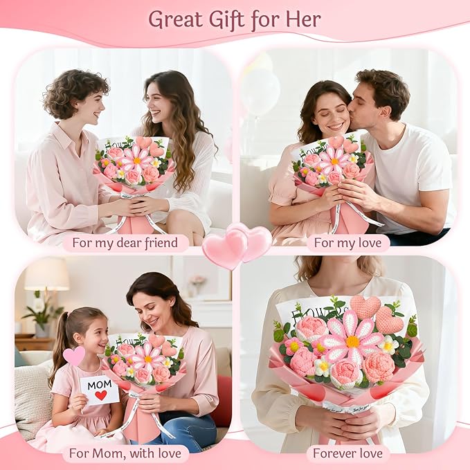 Crochet Flowers Bouquet with Lights,Handmade Knitted Roses Flowers, Gesang Flower, Crochet Heart, Crochet Gift for Wedding, Birthday, Anniversary, Mother’s Day for Her, Girlfriend, Wife, Women (Pink)