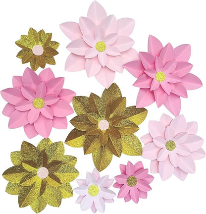 Mybbshower Pink Gold Glitter Paper Flower for Wall (10"-6") DIY Floral Backdrop Nursery Room Baby Shower Girls Birthday Party Photo Backdrop Pack of 9