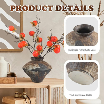 Wabi Sabi Style Ceramic Vase Brown Ceramic Rustic Vase for Wabi Sabi Style Decor Table Centerpiece, Home and Living Room Decoration, Shelf Decor, Mantel, Dinner Table Office Decorations