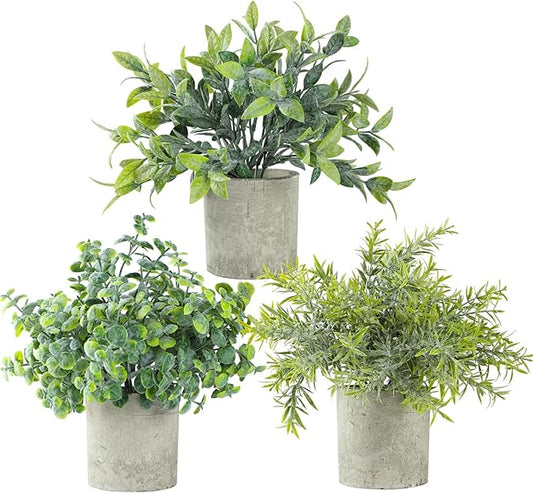 3 Pack Life-Like Potted Fake Plant, Artificial Plants Indoor, Artificial Frost-Hung Green Plants,Eco-Friendly Gray Pot, No Need for Maintenance，Ideal Decor for Home and Office