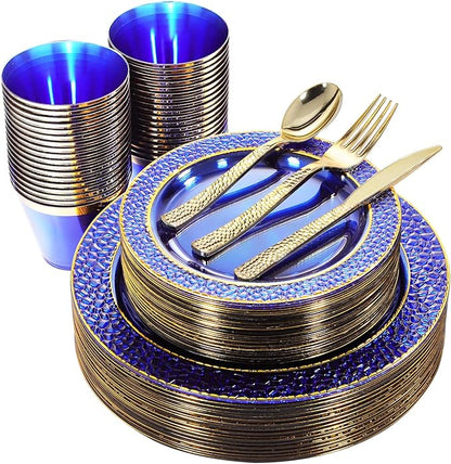 Nervure 150PCS Clear Blue Plastic Plates - Gold Party Plates - Blue and Gold Dinnerware Set Include: 50 Disposable Plate, 25Cups, 25Forks, 25Knives, 25Spoons for Wedding & Party & Father's Day