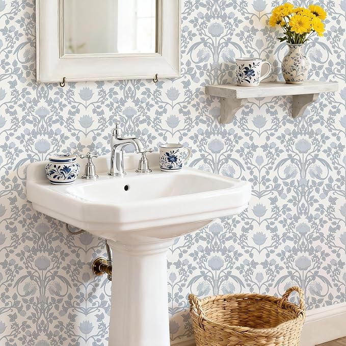 17.3" × 393.7" Blue Floral Peel and Stick Wallpaper, Damask Vintage Wallpaper for Bedroom Bathroom Self Adhesive Removable