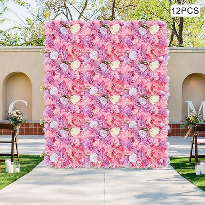 12Pcs Artificial Flower Wall Panel,3D 15" X 15" Silk Rose Mat Artificial Flower Wall,Decorative Backdrop Flower Panels Wall for Wedding Party Stage Baby Shower Decor (White,Pink,Purple)