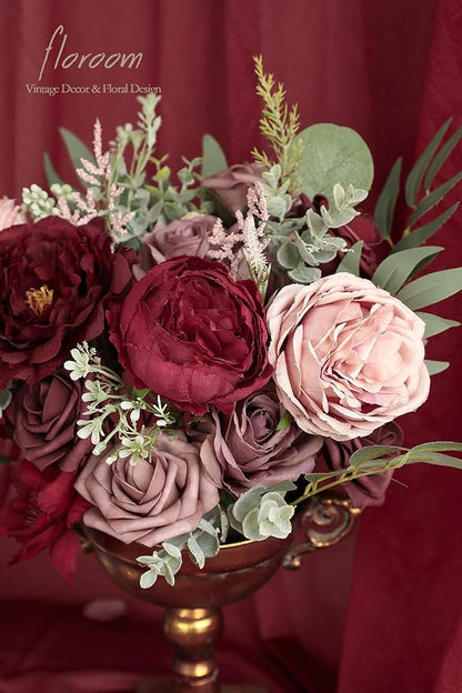 Floroom Burgundy Mauve Artificial Flowers Marsala Fake Roses Peonies and Greenery Combo Box Set for DIY Dark Red Wedding Bouquets Bridal Shower Centerpieces Floral Arrangements Party Tables Decoration