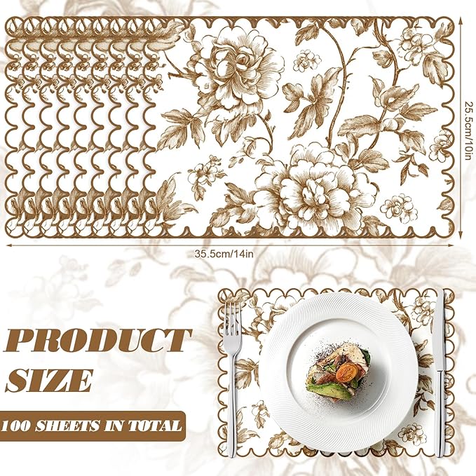 100 Pcs Brown Floral Paper Placemat Scalloped Disposable Chinoiserie Paper Table Placemats Brown Place Mats for Birthday Wedding Banquet Holiday Party