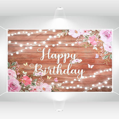Happy Birthday Backdrop Banner Decorations Pink Floral Birthday Banner for Women Girls Glitter Lights Rustic Wood Birthdays Background for Backdrop Party Decorations 70.87x43.3in