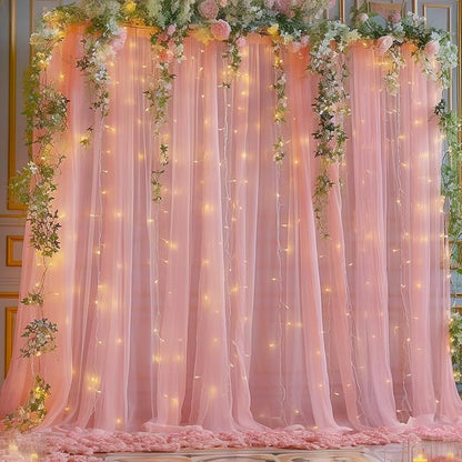10x8ft Dusty Rose Tulle Backdrop Curtain with Lights String for Parites, Sheer Backdrop Curtains for Wedding Baby Shower Birthday Party Photo Shoot Decorations
