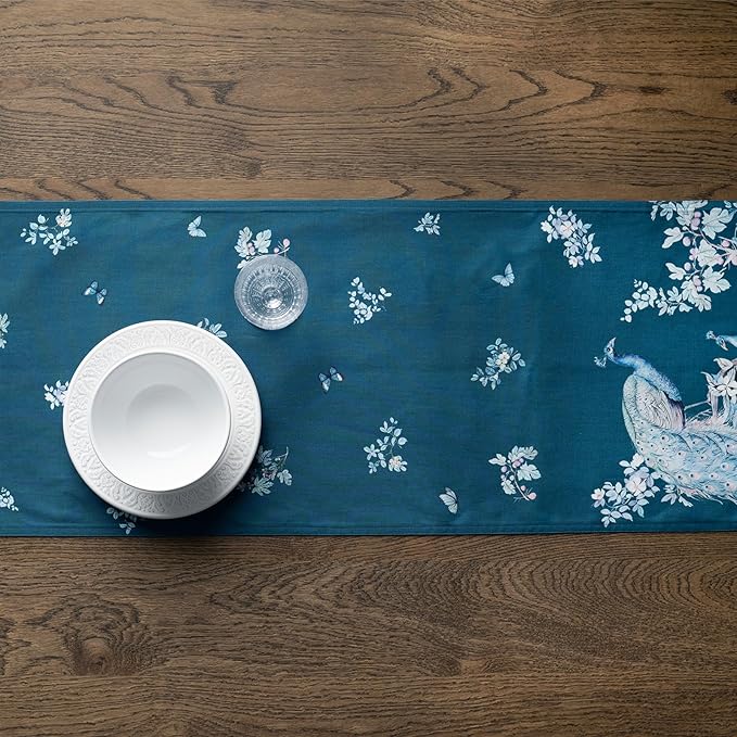 Maison d' Hermine Tablerunners 100% Combed Cotton Premium Table Runner Decorative Table Cover, Home, Kitchen & Camping, Peacock Utopia - Deep Sea, Double Layer - (14.5"x108")