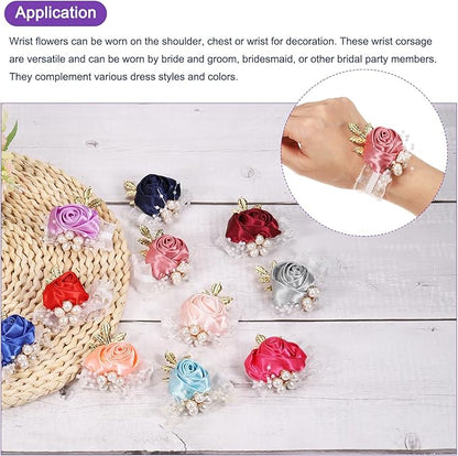 MECCANIXITY Wrist Corsage Artificial Flower Bracelets Pack of 2 Rose Wrist Bride Groom Decorative for Wedding Ceremony Prom Party Anniversary, 10x12cm Light Beige