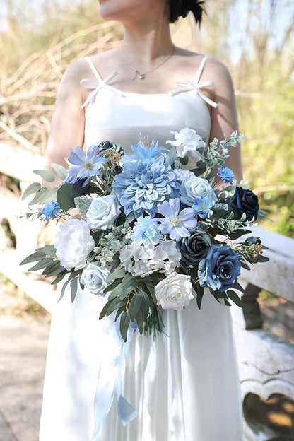 Blue Artificial Flowers Combo Set Fake Flower Leaf Box with Stemst for DIY Wedding Bridal Bouquet, Centerpieces, Home Decor, Floral Arrangement Decor(Blue)