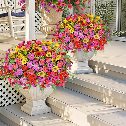 Artificial Faux Plants Flowers Outdoor Decoration,16 Bundles Fake Silk Colorful Daisy Eucalyptus Realistic UV Resistant for Outside Home Planter Porch Patio Yard Decor (Mix Purple Pink Yellow Red)